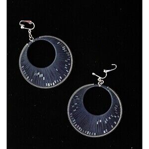 Vintage Navy Blue Woven Hoop Clip On Earrings Thread Wrapped Silver Bead Boho